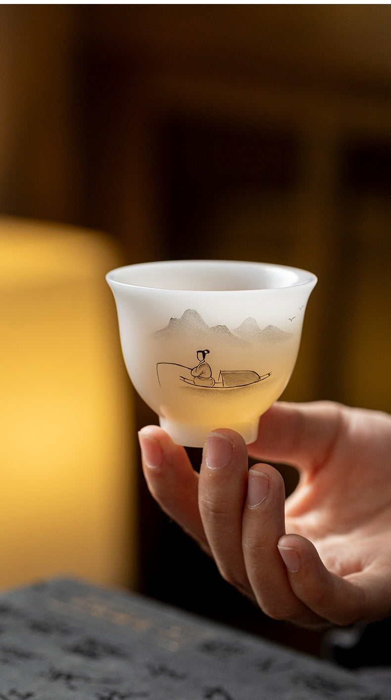 "Xishi" Style Gaiwan and Tea Set – Mutton-Fat Jade-Like Porcelain with Hand-Painted Landscape Art
