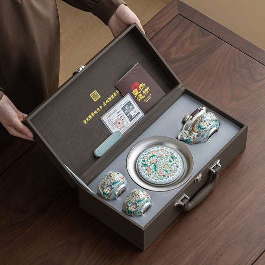 Forbidden City & Dunhuang-Inspired Silver-Plated Kung Fu Tea Set (1 Pot, 4 Cups) – Premium Gift for Elders or Teachers