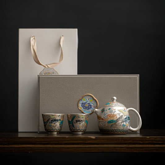 Silver-Gilt Enamel Kung Fu Tea Set (Fish and Aquatic Plant Motif) – 1 Teapot & 2 Cups – Gift Box Set for Home or Office