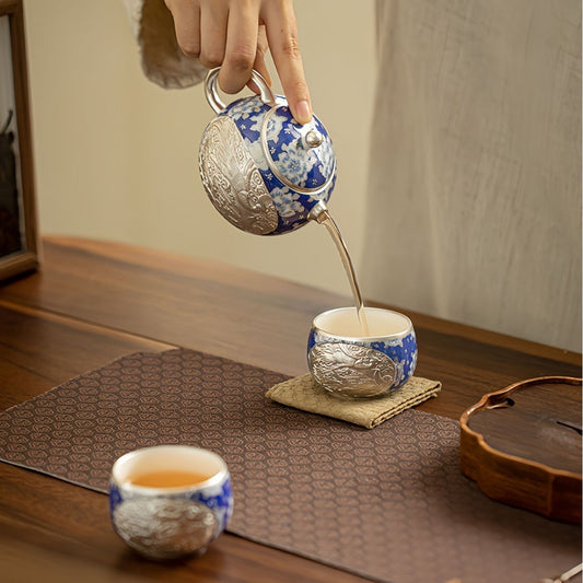 Silver-Gilt Dragon and Phoenix "Xishi" Teapot and Cups Set – Blue and White Porcelain (1 Pot, 2 Cups) – Kung Fu Tea Set / Home Tea Brewer – Gift Box