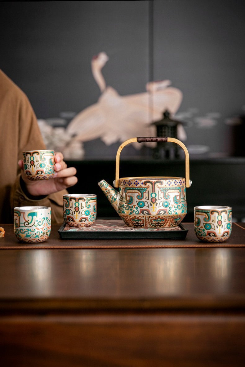 Exquisite Ceramic Gongfu Tea Set with Silver-Plated Taotie Patterns – Elegant, Practical, and Retro-Style Chinese Tea Set for Home Use