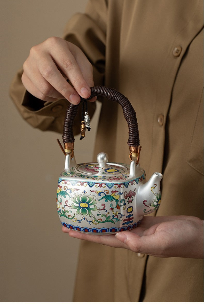 Premium Silver-Gilt Enamel Kung Fu Tea Set (1 Pot, 4 Cups) – Ideal Gift for Elders, Superiors, or Business Associates
