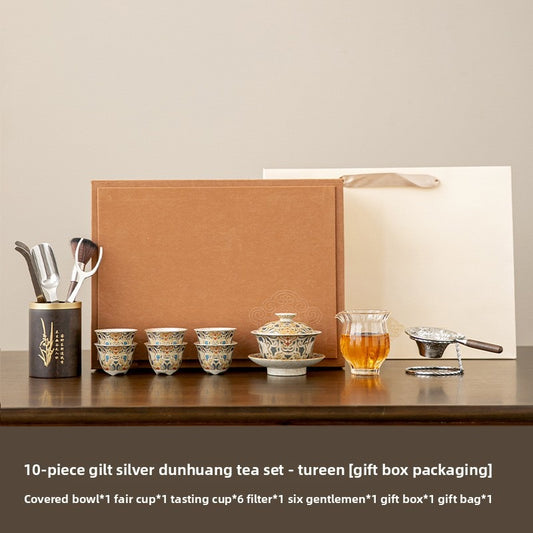 Premium Chinese-style Dunhuang-inspired silver-plated Kung Fu tea set; a high-end, vintage-style, "quiet luxury" gift box set suitable for brewing and enjoying tea—collector's grade.