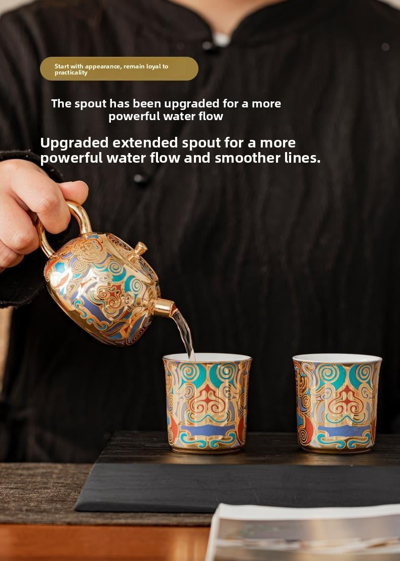 Artisan-Crafted Dunhuang-Inspired Gilded Tea Set (1 Teapot & 2 Cups) – Gift-Boxed Souvenir Set