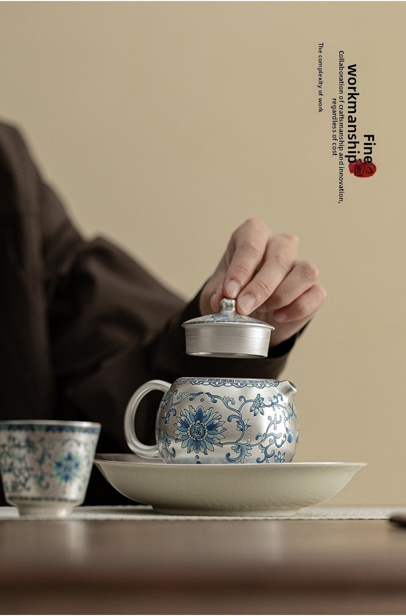 Silver-Plated Ceramic Gongfu Tea Set (1 Pot, 2 Cups) – Gift Box Set Suitable for Elders, Superiors, Fathers, and Teachers