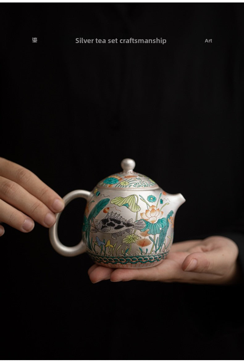 Silver-Gilt Enamel Kung Fu Tea Set (Fish and Aquatic Plant Motif) – 1 Teapot & 2 Cups – Gift Box Set for Home or Office