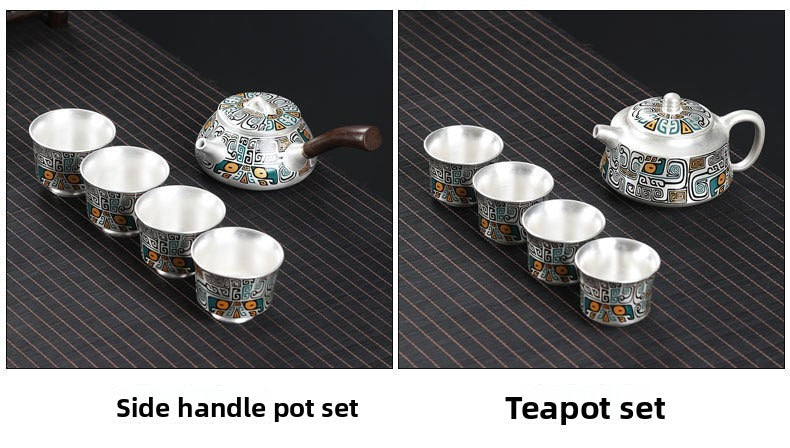 Master-Crafted Portable Japanese-Style Tea Set (1 Pot, 4 Cups) – Pure Silver & Ceramic with Taotie Motif – Suitable for Home & Travel