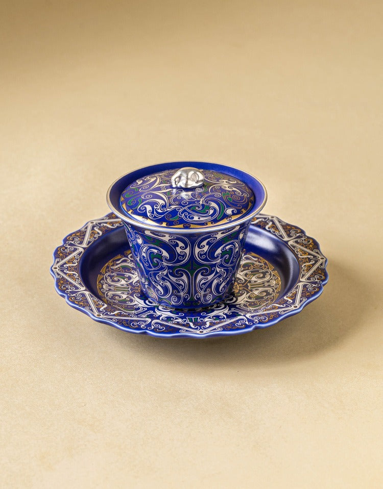 Silver-Plated Auspicious Dragon Kung Fu Tea Set – Premium, Affordable Luxury Style (Blue & Silver Finish) – Includes Gaiwan and Tea Cups – Gift Box – Ideal for Elders