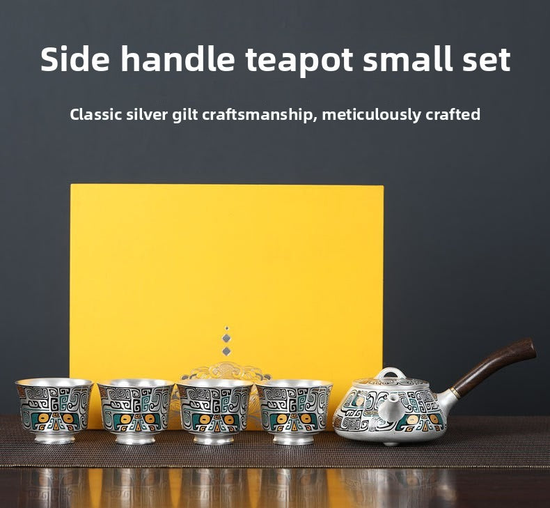 Master-Crafted Portable Japanese-Style Tea Set (1 Pot, 4 Cups) – Pure Silver & Ceramic with Taotie Motif – Suitable for Home & Travel