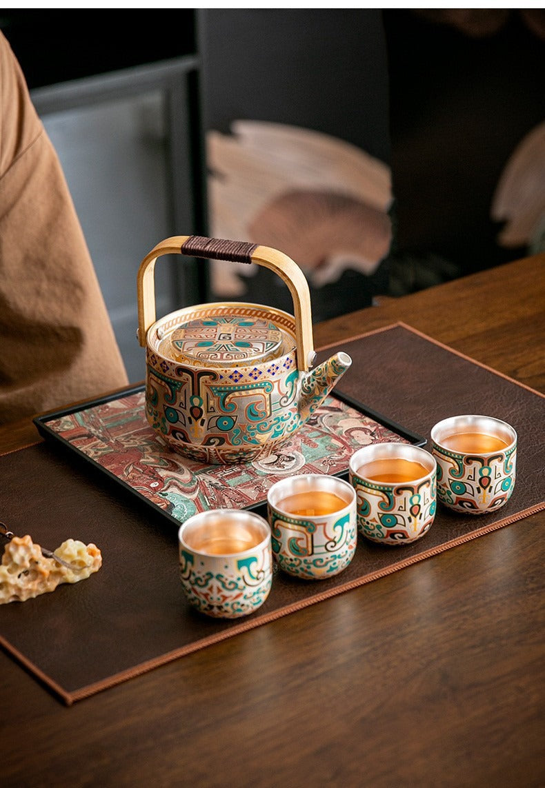 Exquisite Ceramic Gongfu Tea Set with Silver-Plated Taotie Patterns – Elegant, Practical, and Retro-Style Chinese Tea Set for Home Use