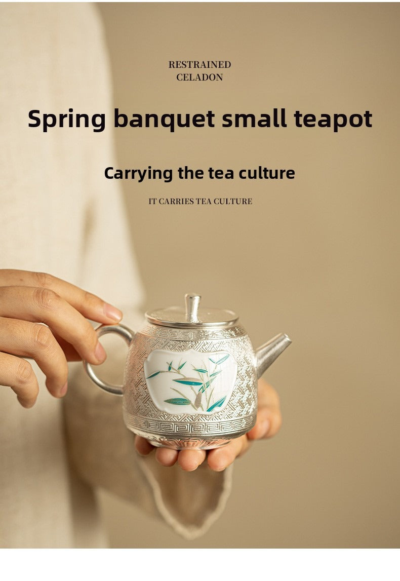 "Spring Banquet" Bamboo-Pattern & Silver-Plated Ceramic Kung Fu Tea Set – Complete Gift Box Set (Teapot, Cups, and Infuser) for Home and Office Use