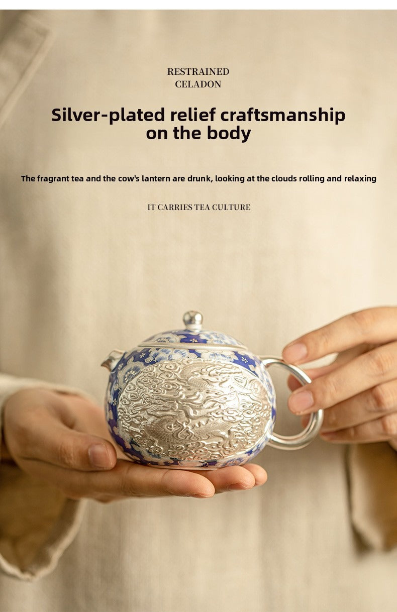 Silver-Gilt Dragon and Phoenix "Xishi" Teapot and Cups Set – Blue and White Porcelain (1 Pot, 2 Cups) – Kung Fu Tea Set / Home Tea Brewer – Gift Box
