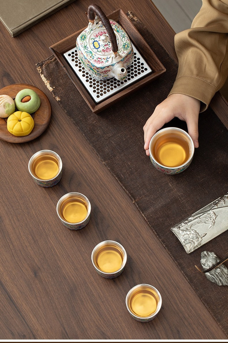 Premium Silver-Gilt Enamel Kung Fu Tea Set (1 Pot, 4 Cups) – Ideal Gift for Elders, Superiors, or Business Associates
