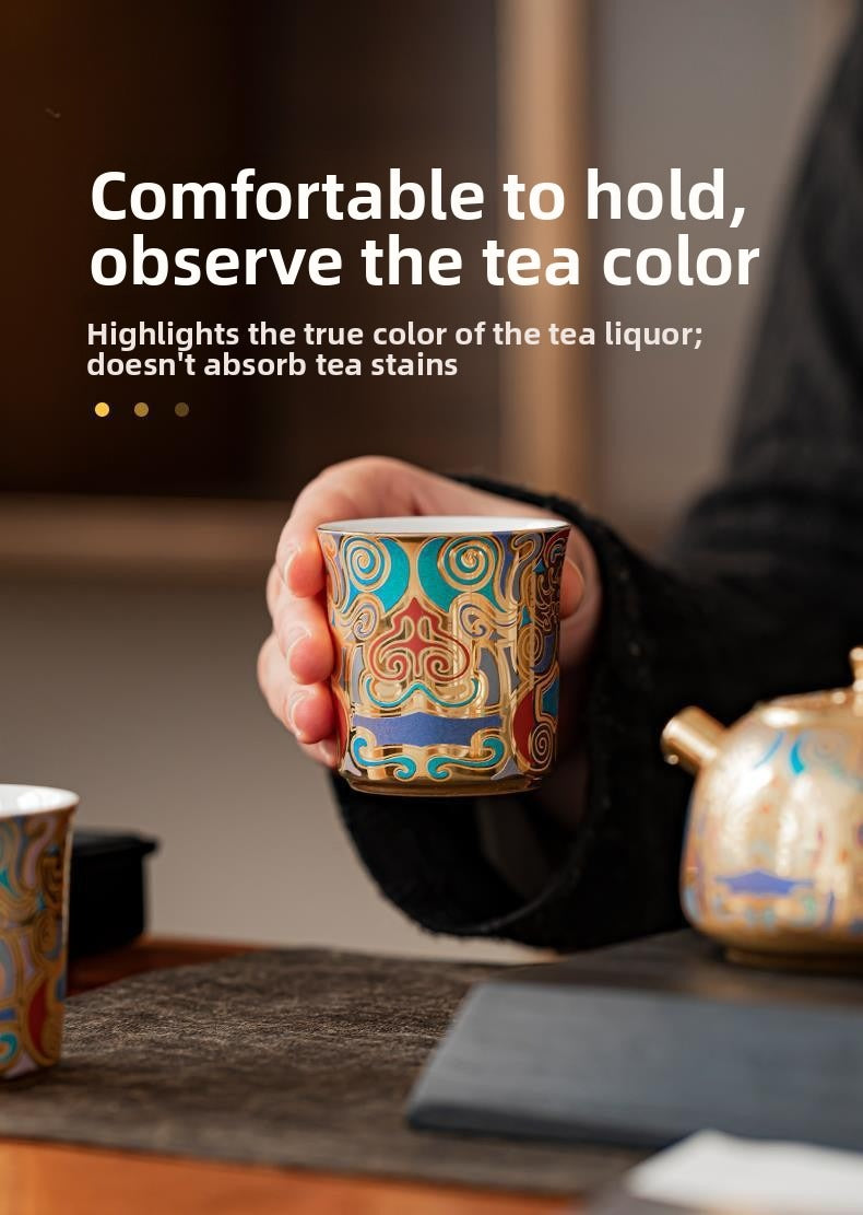 Artisan-Crafted Dunhuang-Inspired Gilded Tea Set (1 Teapot & 2 Cups) – Gift-Boxed Souvenir Set