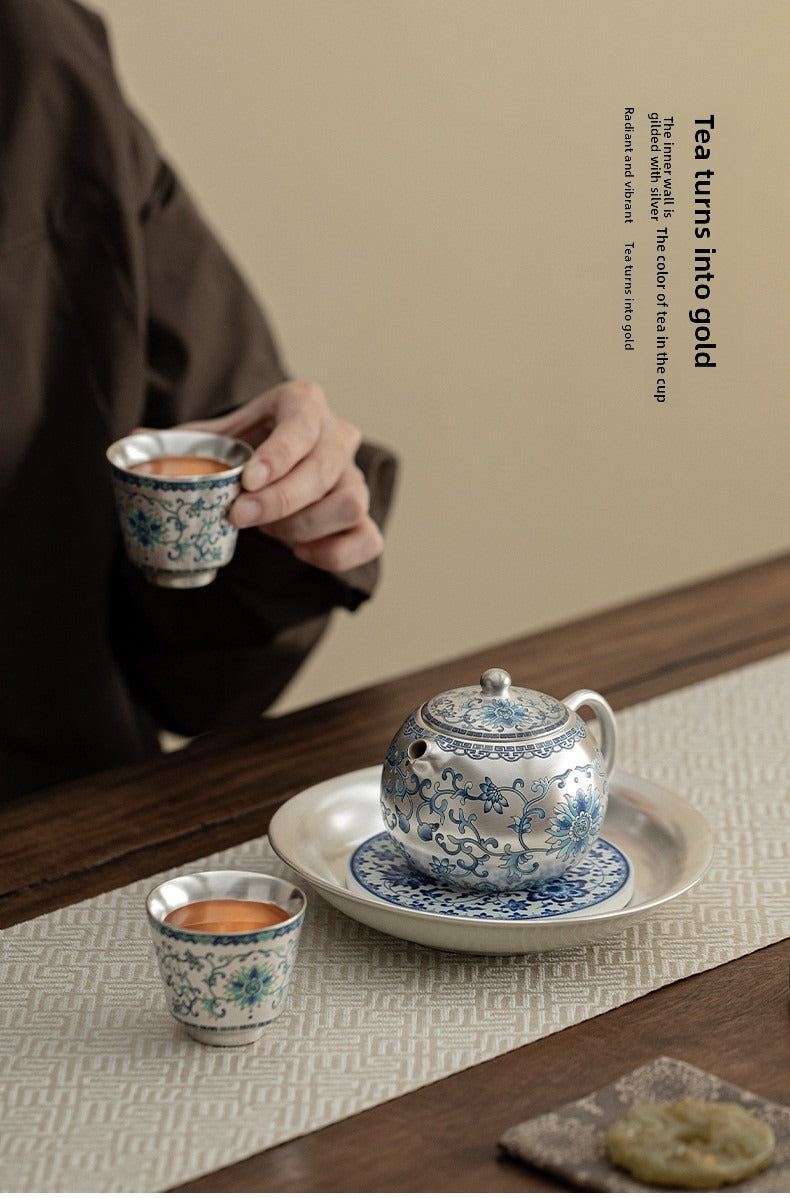 Silver-Plated Ceramic Gongfu Tea Set (1 Pot, 2 Cups) – Gift Box Set Suitable for Elders, Superiors, Fathers, and Teachers