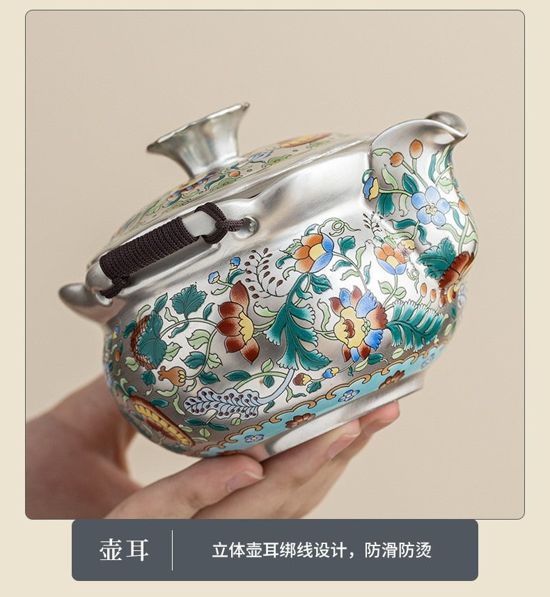 Forbidden City & Dunhuang-Inspired Silver-Plated Kung Fu Tea Set (1 Pot, 4 Cups) – Premium Gift for Elders or Teachers