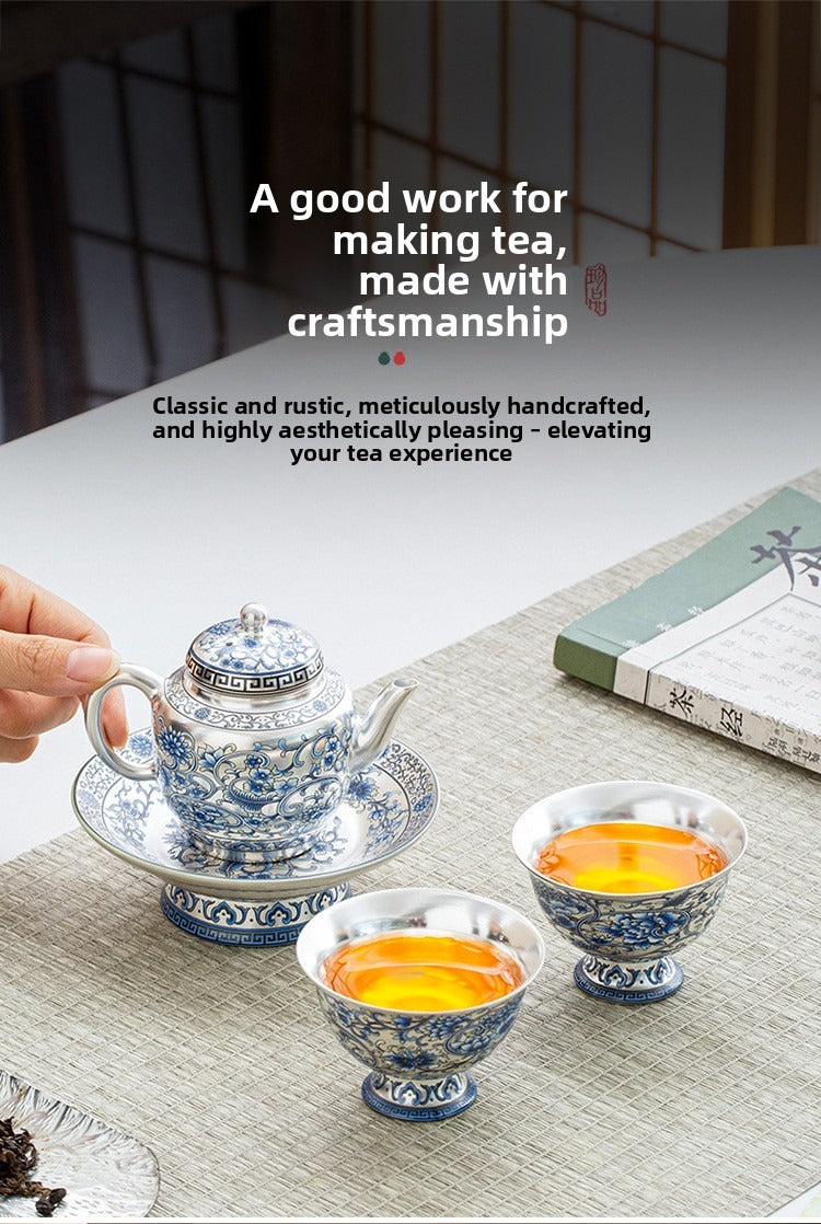 Hand-painted "Intertwining Lotus" Palace Lantern-style Teapot and Cup Set: Premium Porcelain Body with Silver Gilt Accents – Home Gongfu Tea Set