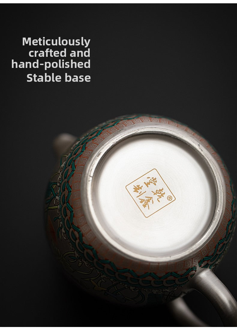 Silver-Gilt Enamel Kung Fu Tea Set (Fish and Aquatic Plant Motif) – 1 Teapot & 2 Cups – Gift Box Set for Home or Office