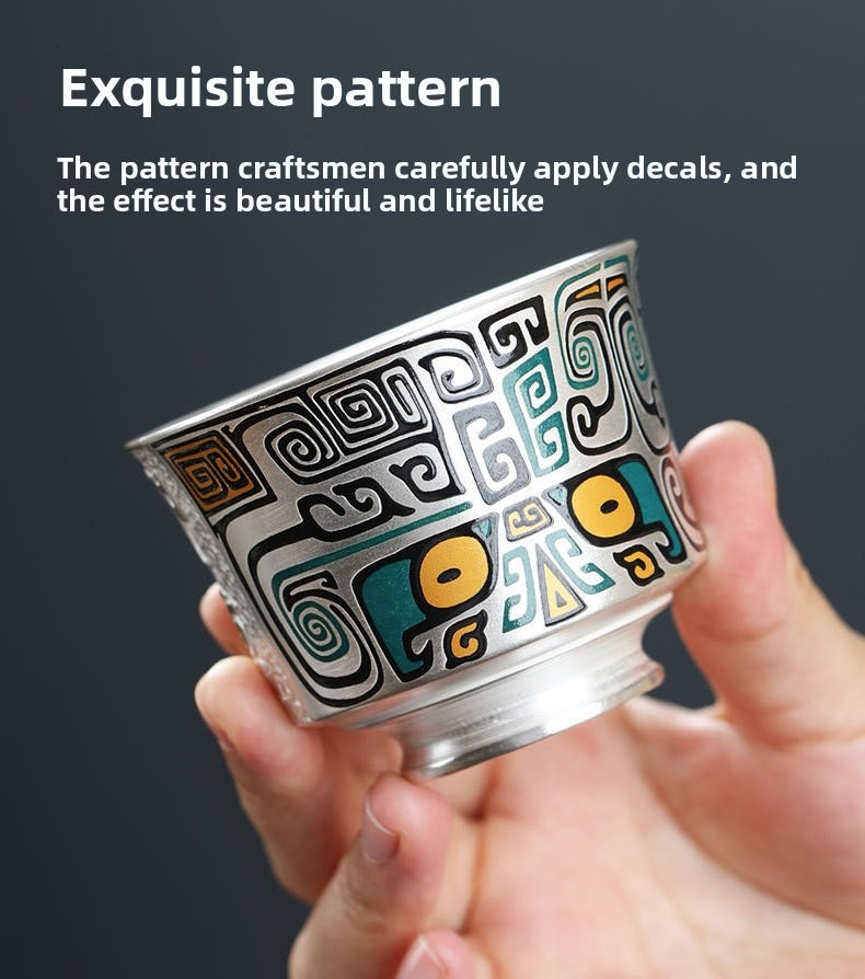 Master-Crafted Portable Japanese-Style Tea Set (1 Pot, 4 Cups) – Pure Silver & Ceramic with Taotie Motif – Suitable for Home & Travel