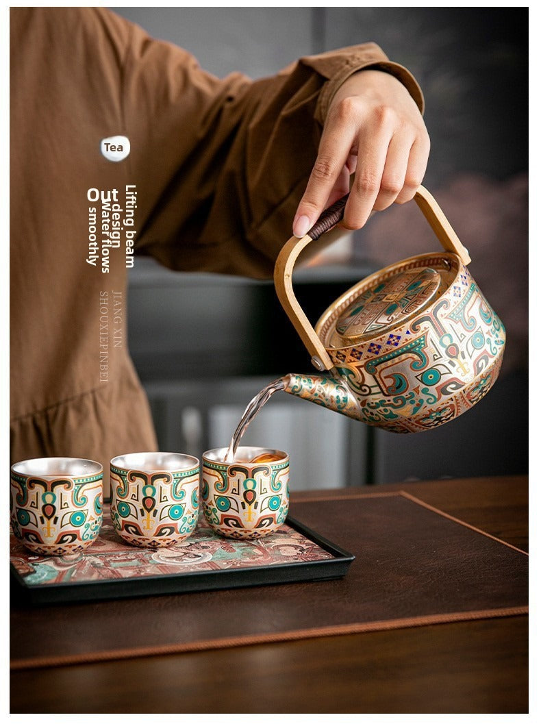 Exquisite Ceramic Gongfu Tea Set with Silver-Plated Taotie Patterns – Elegant, Practical, and Retro-Style Chinese Tea Set for Home Use