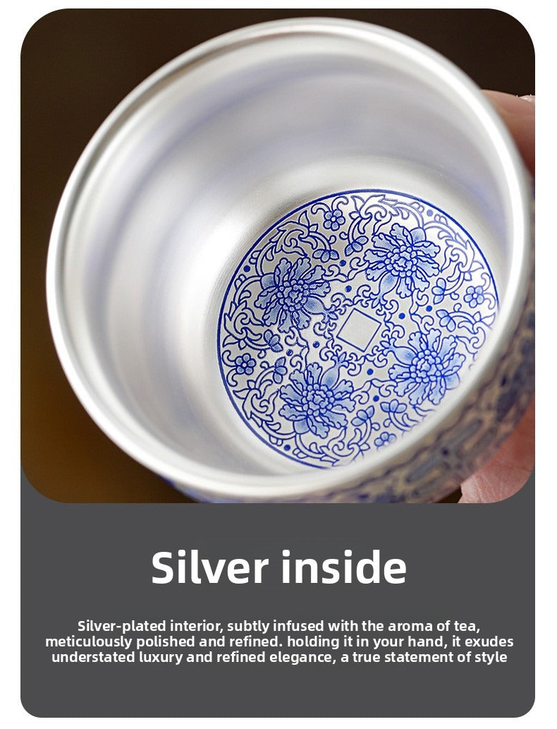 Handcrafted Blue-and-White Porcelain and Silver-Gilt Tea Set Gift Box – Premium Silver Kettle with Swing Handle – Ideal for Corporate Business Meetings and Events