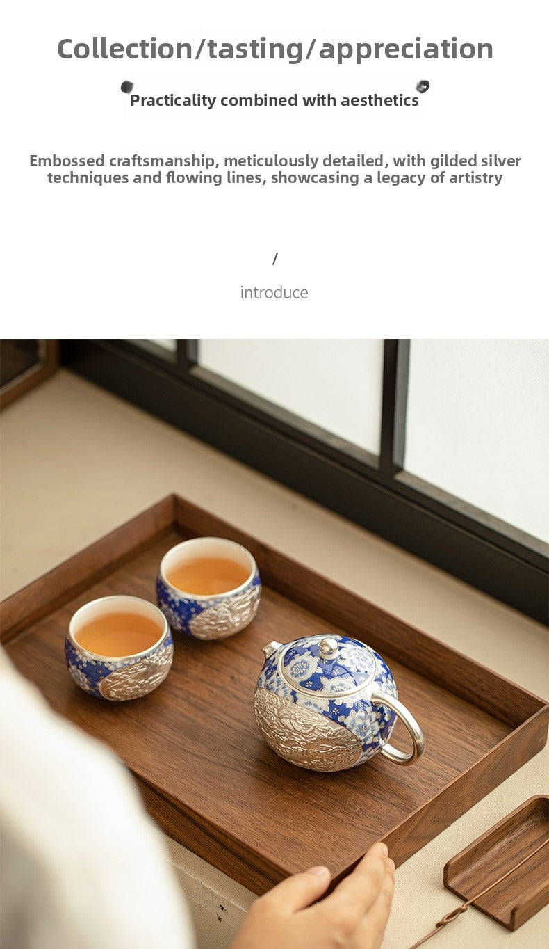 Silver-Gilt Dragon and Phoenix "Xishi" Teapot and Cups Set – Blue and White Porcelain (1 Pot, 2 Cups) – Kung Fu Tea Set / Home Tea Brewer – Gift Box