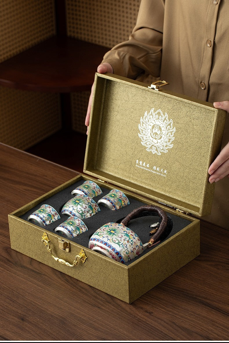 Premium Silver-Gilt Enamel Kung Fu Tea Set (1 Pot, 4 Cups) – Ideal Gift for Elders, Superiors, or Business Associates