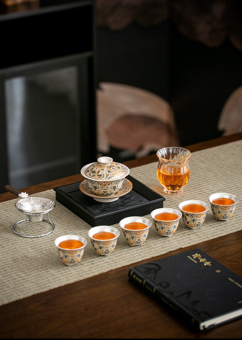 Premium Chinese-style Dunhuang-inspired silver-plated Kung Fu tea set; a high-end, vintage-style, "quiet luxury" gift box set suitable for brewing and enjoying tea—collector's grade.