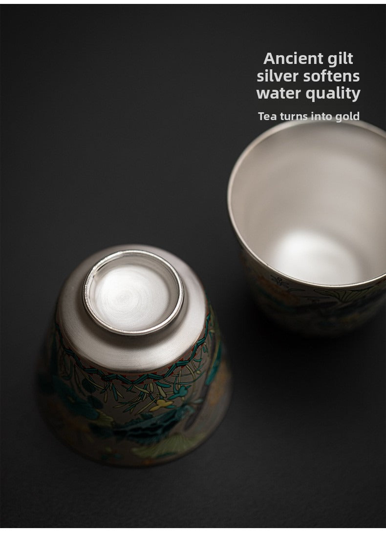 Silver-Gilt Enamel Kung Fu Tea Set (Fish and Aquatic Plant Motif) – 1 Teapot & 2 Cups – Gift Box Set for Home or Office