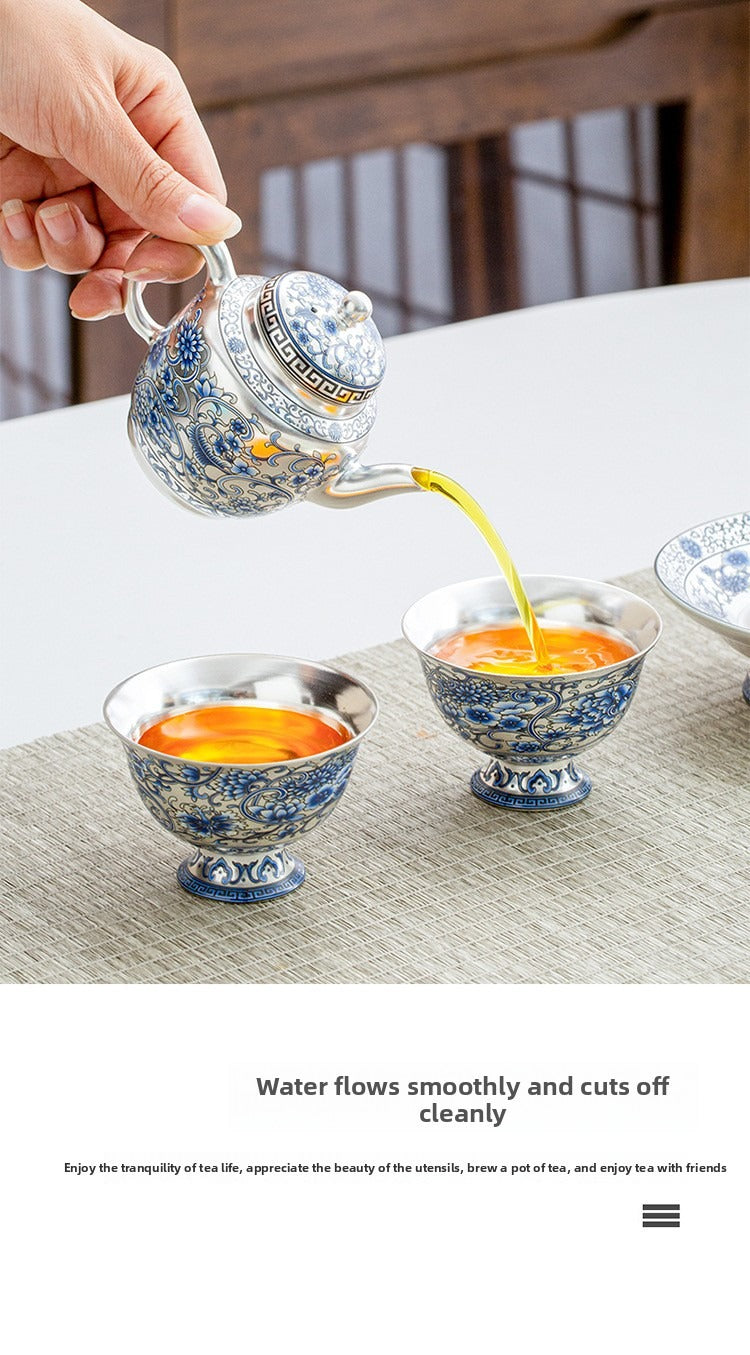 Hand-painted "Intertwining Lotus" Palace Lantern-style Teapot and Cup Set: Premium Porcelain Body with Silver Gilt Accents – Home Gongfu Tea Set