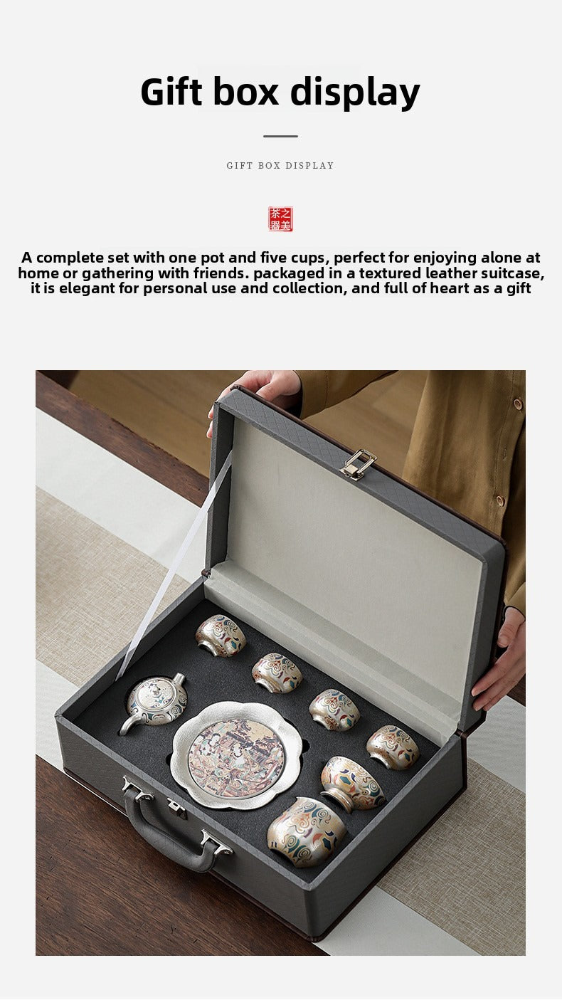 Chinese-Style "Forbidden City & Dunhuang" Themed Silver-Plated Kung Fu Tea Set – An Elegant Gift Set Featuring a Silver Pot; Ideal for Housewarmings or as a Gift for Superiors and Elders.