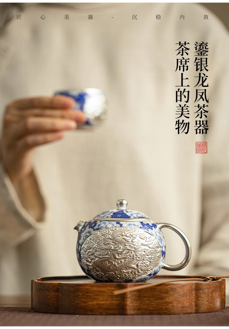 Silver-Gilt Dragon and Phoenix "Xishi" Teapot and Cups Set – Blue and White Porcelain (1 Pot, 2 Cups) – Kung Fu Tea Set / Home Tea Brewer – Gift Box