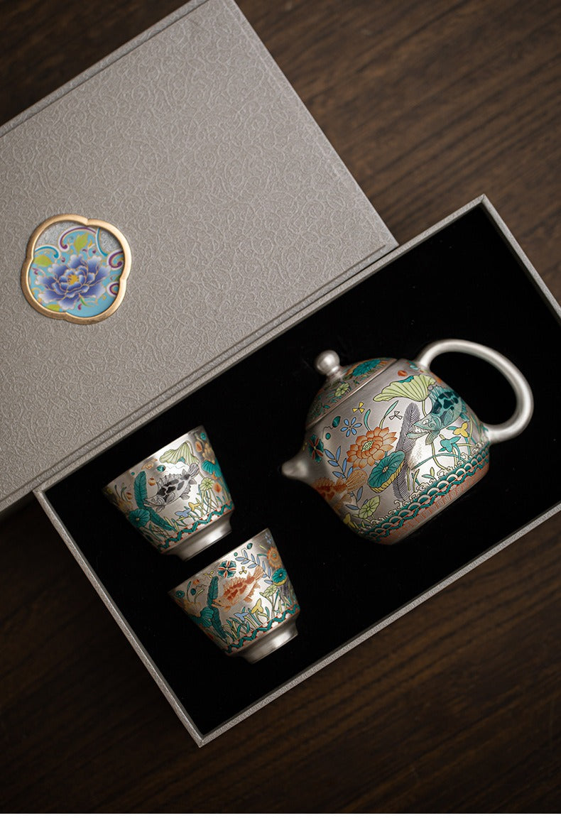 Silver-Gilt Enamel Kung Fu Tea Set (Fish and Aquatic Plant Motif) – 1 Teapot & 2 Cups – Gift Box Set for Home or Office