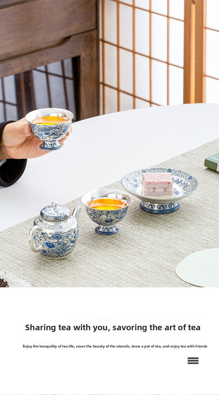 Hand-painted "Intertwining Lotus" Palace Lantern-style Teapot and Cup Set: Premium Porcelain Body with Silver Gilt Accents – Home Gongfu Tea Set