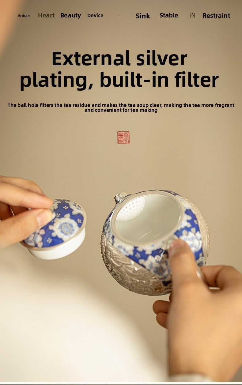 Silver-Gilt Dragon and Phoenix "Xishi" Teapot and Cups Set – Blue and White Porcelain (1 Pot, 2 Cups) – Kung Fu Tea Set / Home Tea Brewer – Gift Box