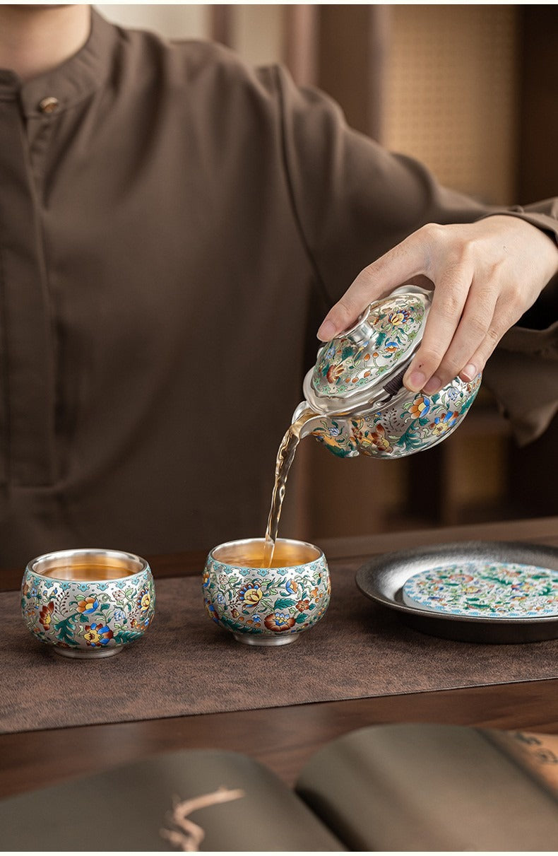Forbidden City & Dunhuang-Inspired Silver-Plated Kung Fu Tea Set (1 Pot, 4 Cups) – Premium Gift for Elders or Teachers