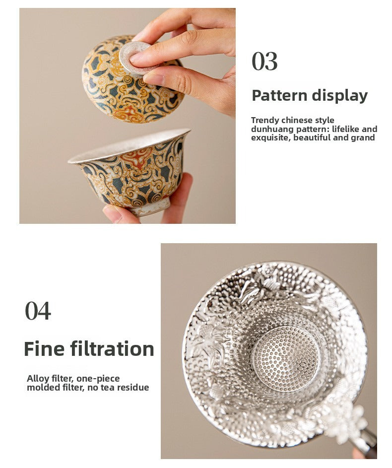 Premium Chinese-style Dunhuang-inspired silver-plated Kung Fu tea set; a high-end, vintage-style, "quiet luxury" gift box set suitable for brewing and enjoying tea—collector's grade.
