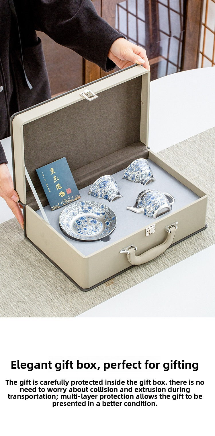 Hand-painted "Intertwining Lotus" Palace Lantern-style Teapot and Cup Set: Premium Porcelain Body with Silver Gilt Accents – Home Gongfu Tea Set