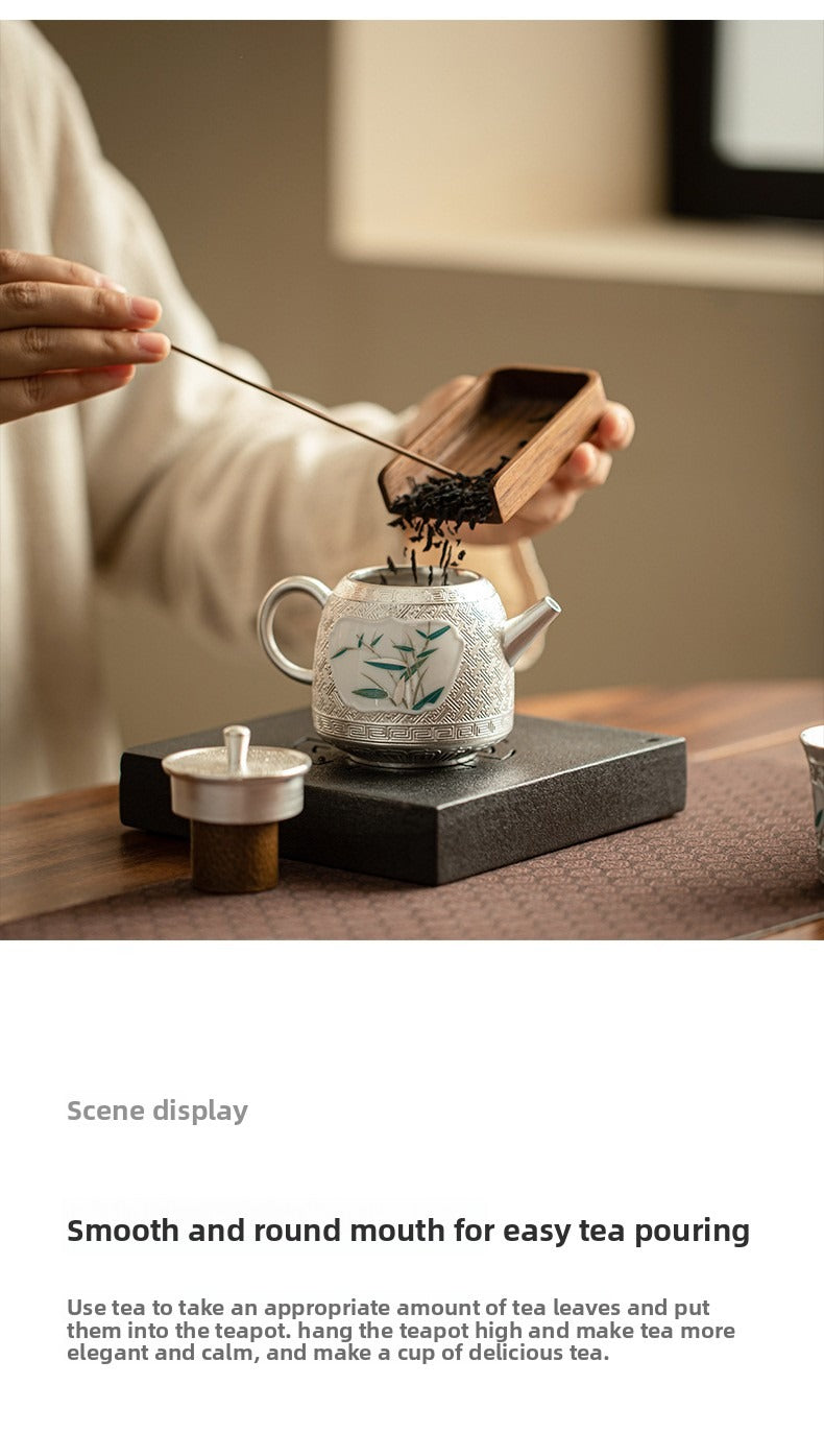 "Spring Banquet" Bamboo-Pattern & Silver-Plated Ceramic Kung Fu Tea Set – Complete Gift Box Set (Teapot, Cups, and Infuser) for Home and Office Use