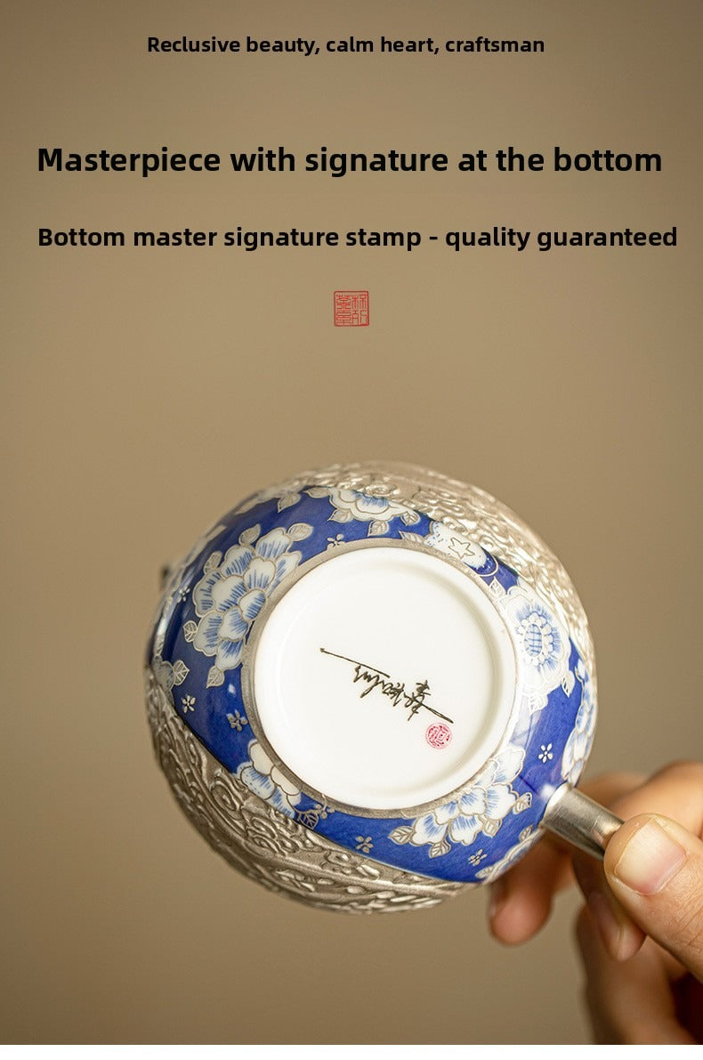 Silver-Gilt Dragon and Phoenix "Xishi" Teapot and Cups Set – Blue and White Porcelain (1 Pot, 2 Cups) – Kung Fu Tea Set / Home Tea Brewer – Gift Box