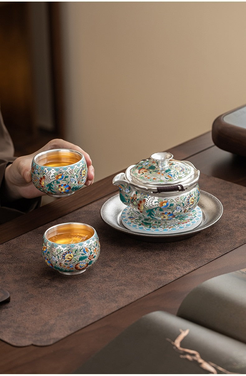 Forbidden City & Dunhuang-Inspired Silver-Plated Kung Fu Tea Set (1 Pot, 4 Cups) – Premium Gift for Elders or Teachers