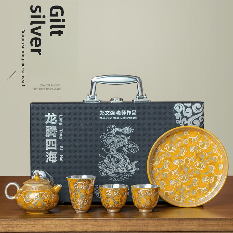 Premium "New Chinese Style" Silver-Plated Tea Set – Palace Museum & Dunhuang Cultural Creative Design – Ideal for Gongfu Tea, Elders, Superiors, or Housewarming Gifts