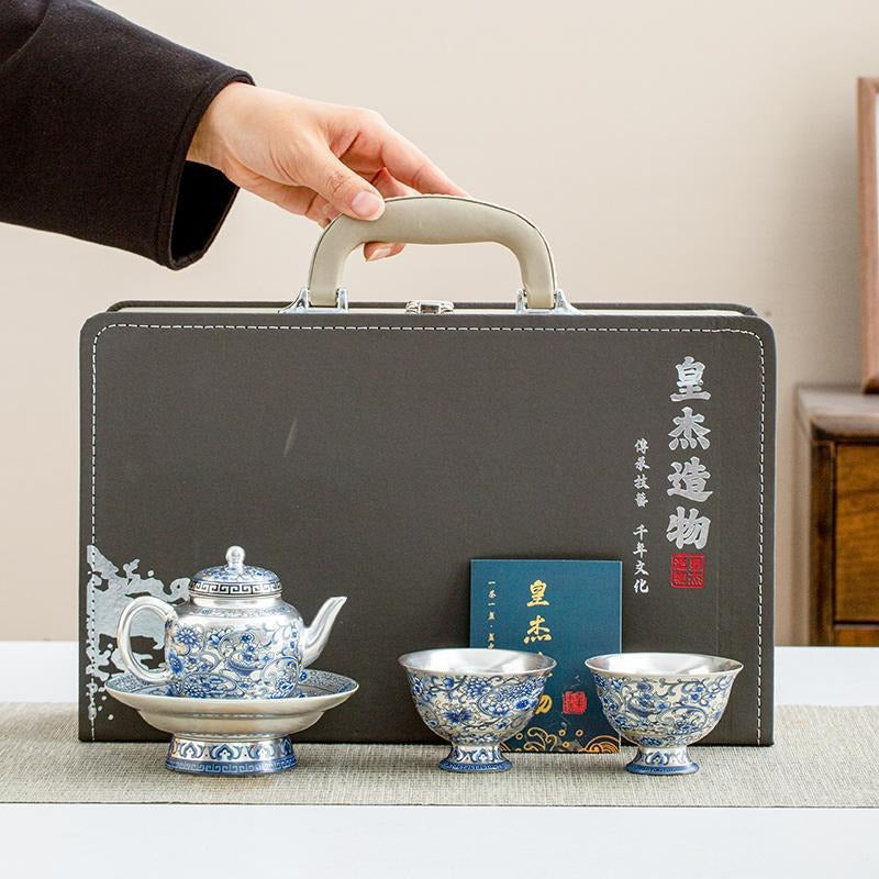 Hand-painted "Intertwining Lotus" Palace Lantern-style Teapot and Cup Set: Premium Porcelain Body with Silver Gilt Accents – Home Gongfu Tea Set