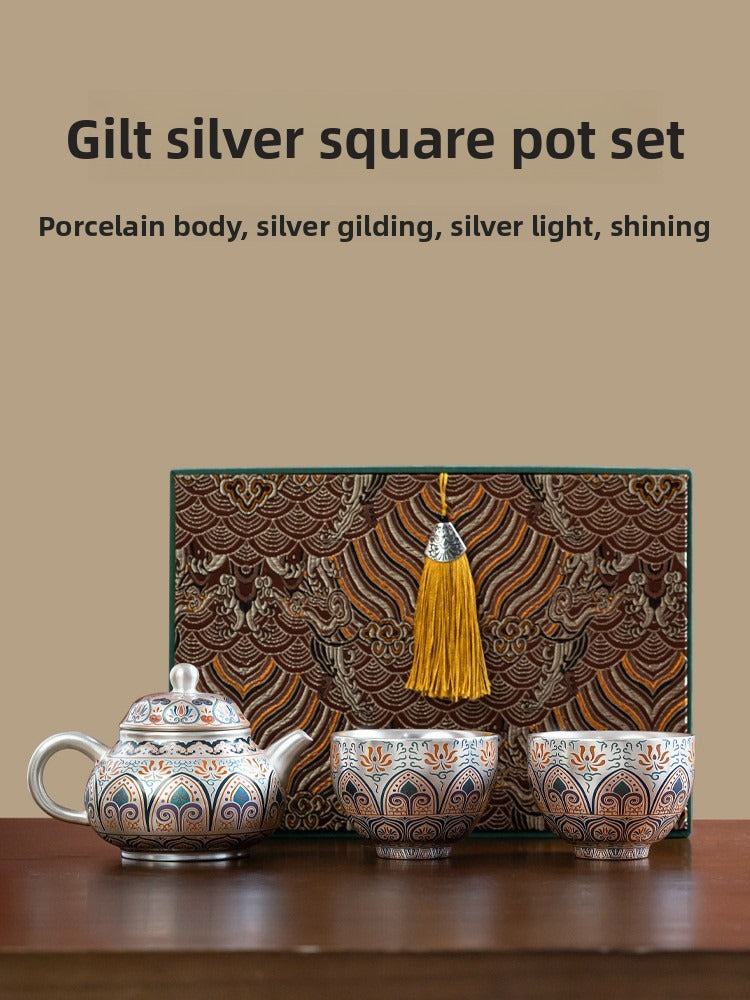 Premium Silver-Plated Kung Fu Tea Set (Gift Box): Heat-Resistant Tea Maker with Teapot and Two Cups – Ideal Gift or Souvenir