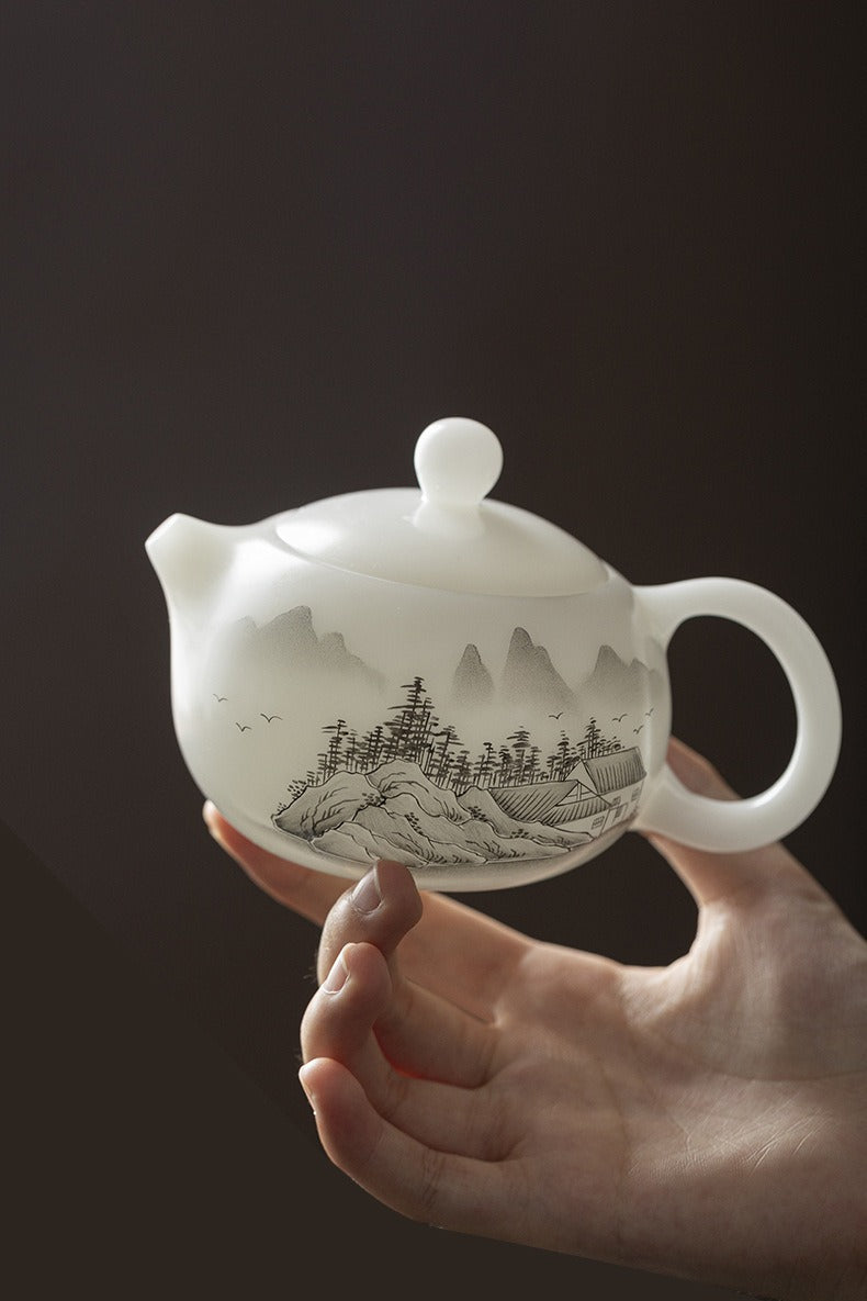 "Xishi" Style Gaiwan and Tea Set – Mutton-Fat Jade-Like Porcelain with Hand-Painted Landscape Art