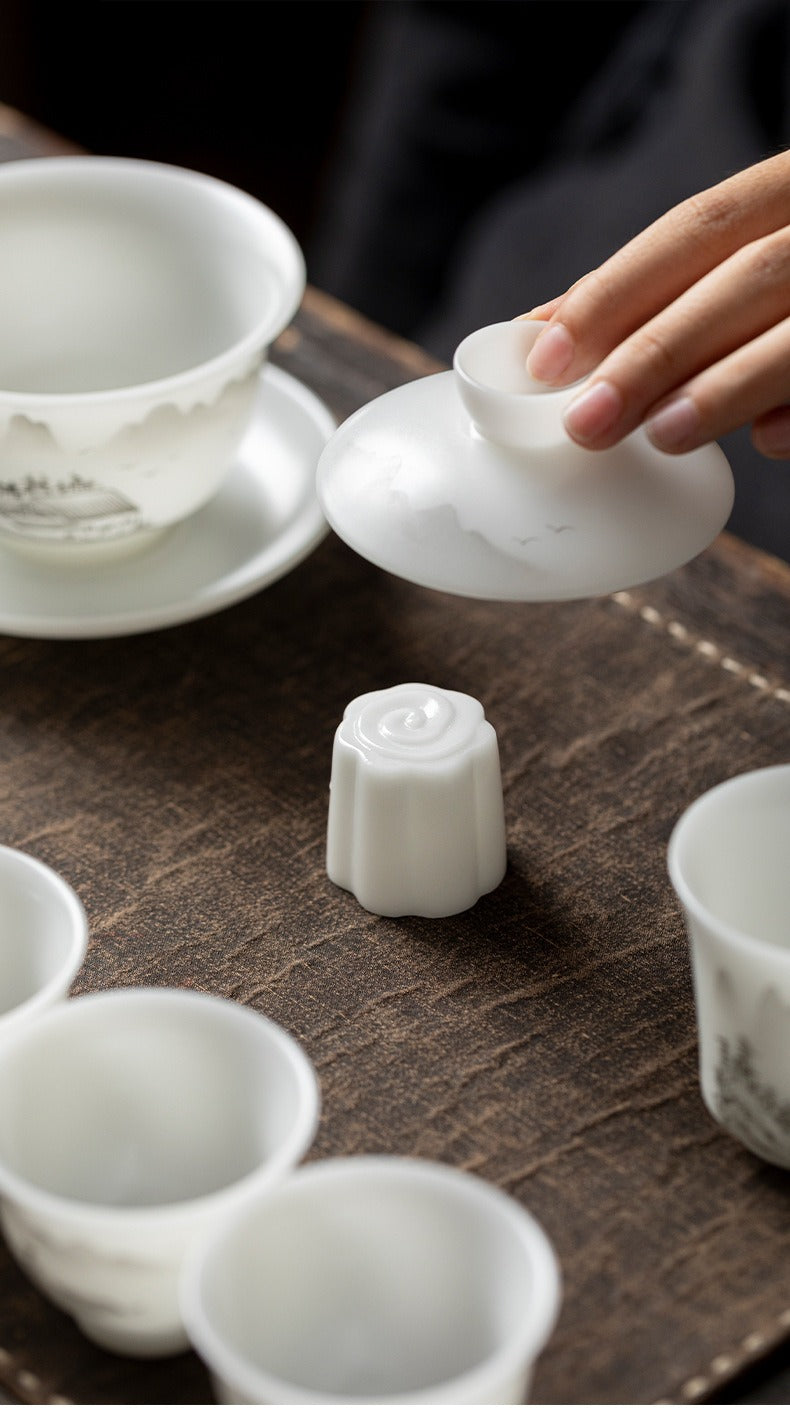 "Xishi" Style Gaiwan and Tea Set – Mutton-Fat Jade-Like Porcelain with Hand-Painted Landscape Art