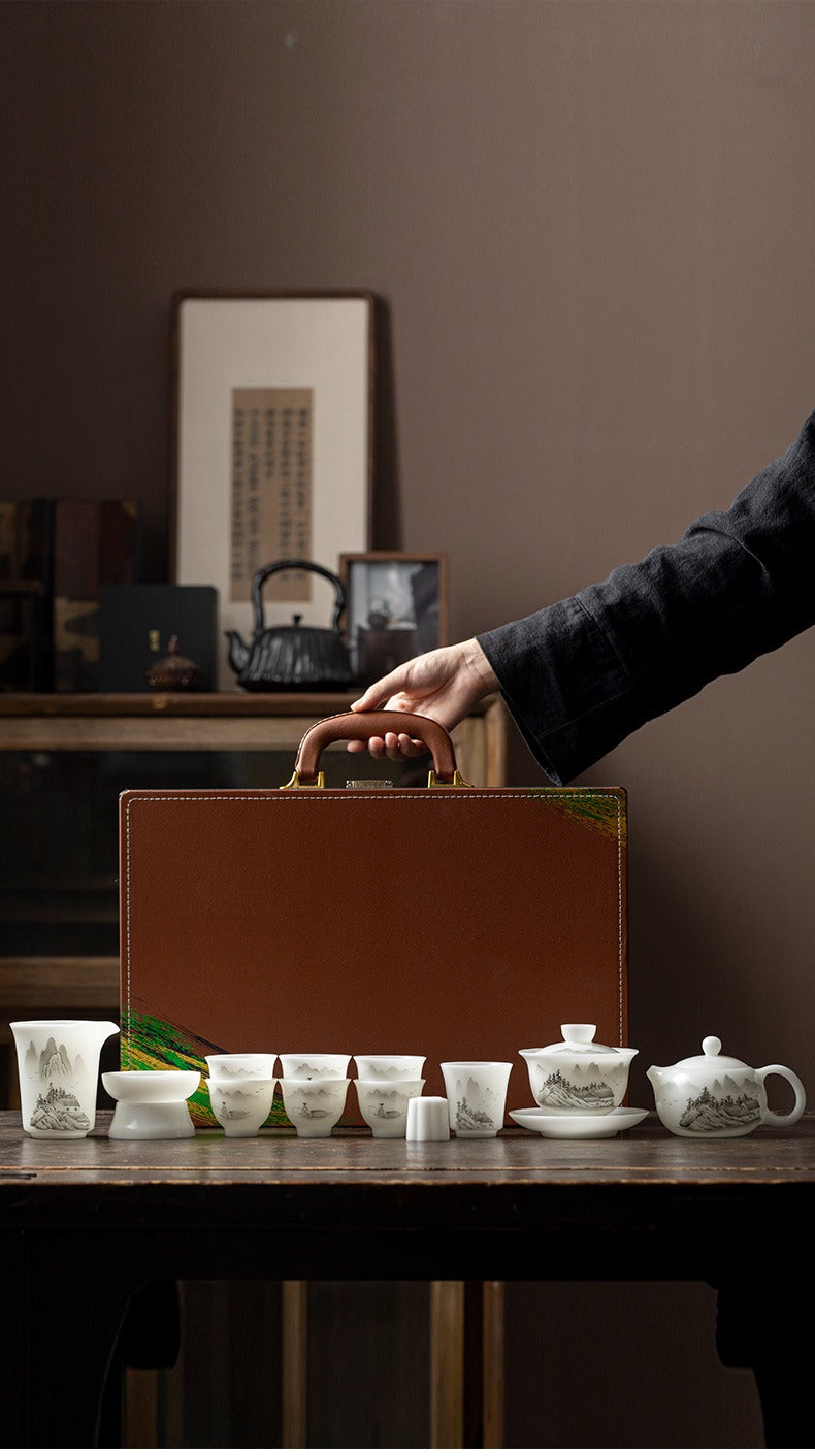 "Xishi" Style Gaiwan and Tea Set – Mutton-Fat Jade-Like Porcelain with Hand-Painted Landscape Art