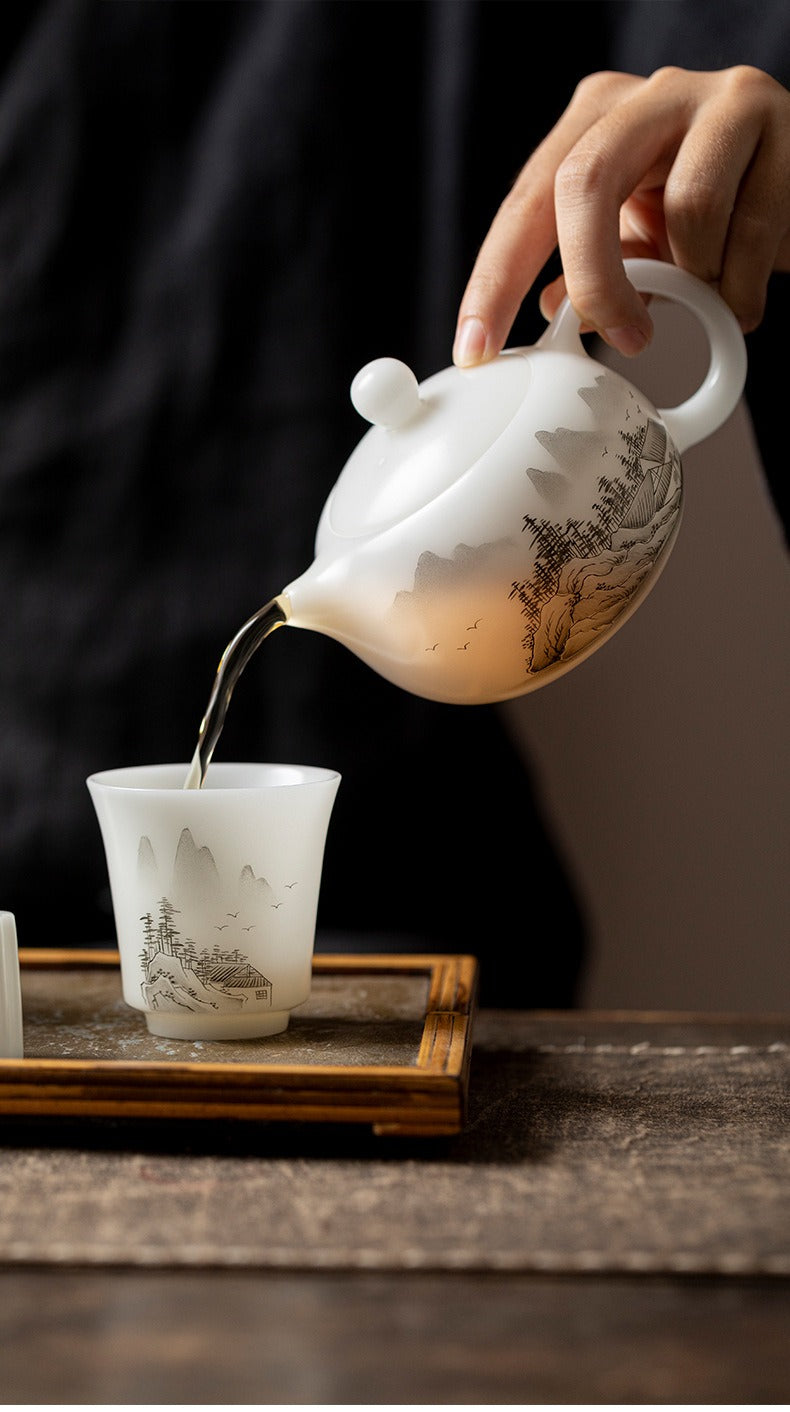 "Xishi" Style Gaiwan and Tea Set – Mutton-Fat Jade-Like Porcelain with Hand-Painted Landscape Art