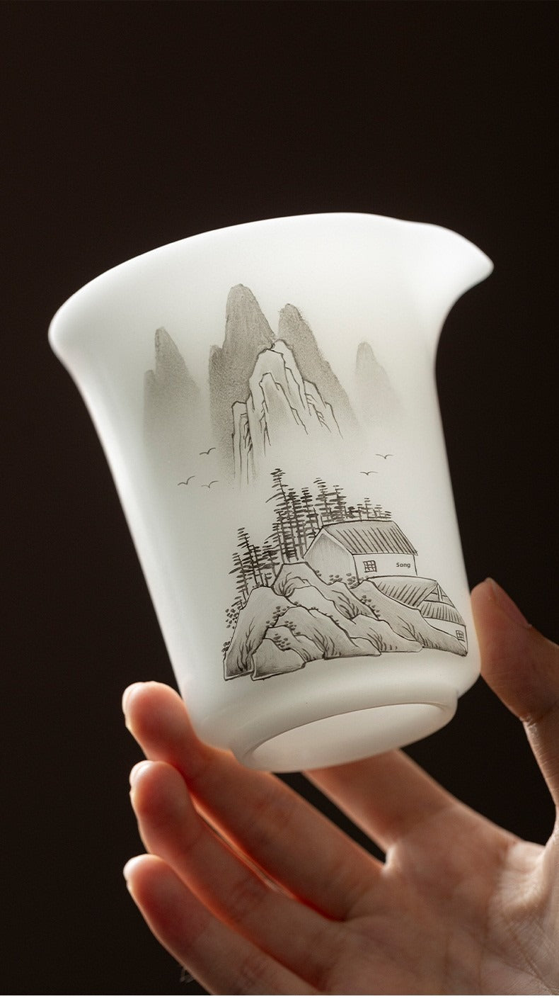 "Xishi" Style Gaiwan and Tea Set – Mutton-Fat Jade-Like Porcelain with Hand-Painted Landscape Art