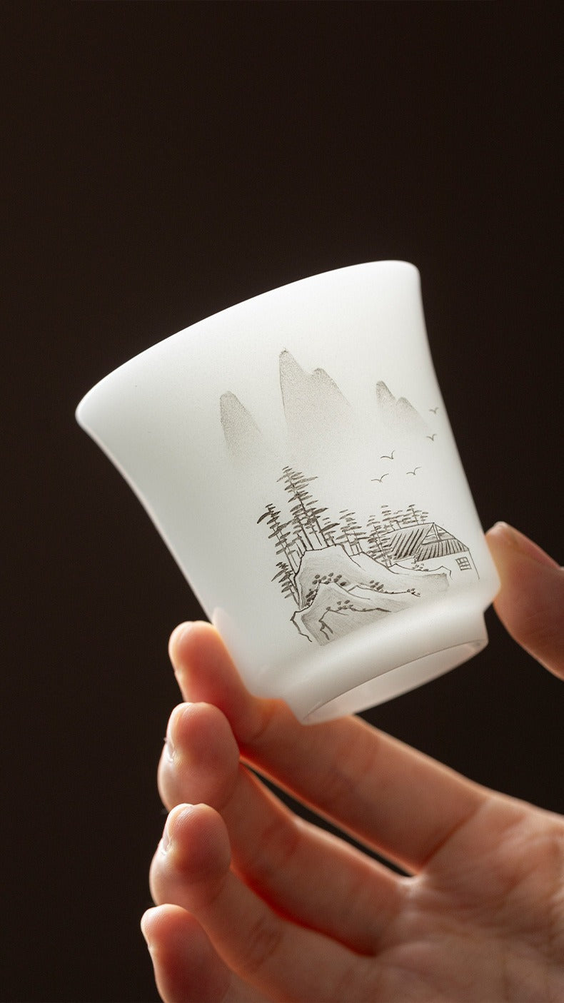 "Xishi" Style Gaiwan and Tea Set – Mutton-Fat Jade-Like Porcelain with Hand-Painted Landscape Art